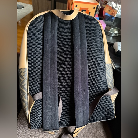 Preowned Like New Fendi FF Logo Chiogo Leather Canvas Backpack Beige/Brown - Picture 3 of 13